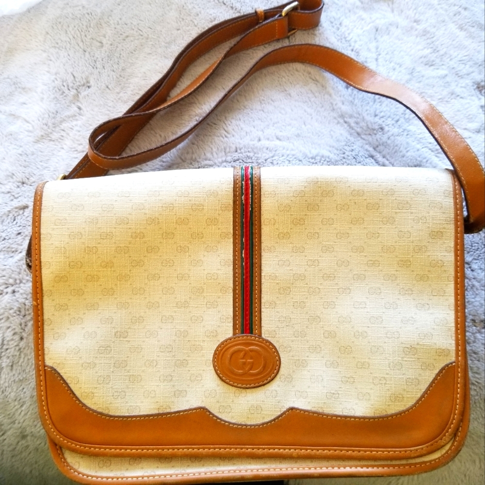 Vintage Gucci Handbag cream coated canvas with Micro GG and caramel leather trim